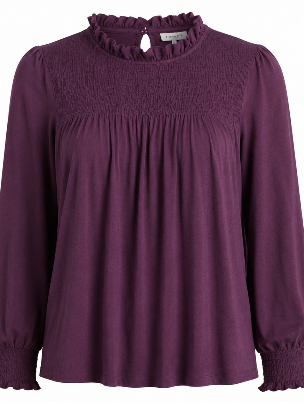 GARNET HILL | Organic Cotton Blend‎ Smocked Ruffle Keyhole Plum Knit Blouse | XL